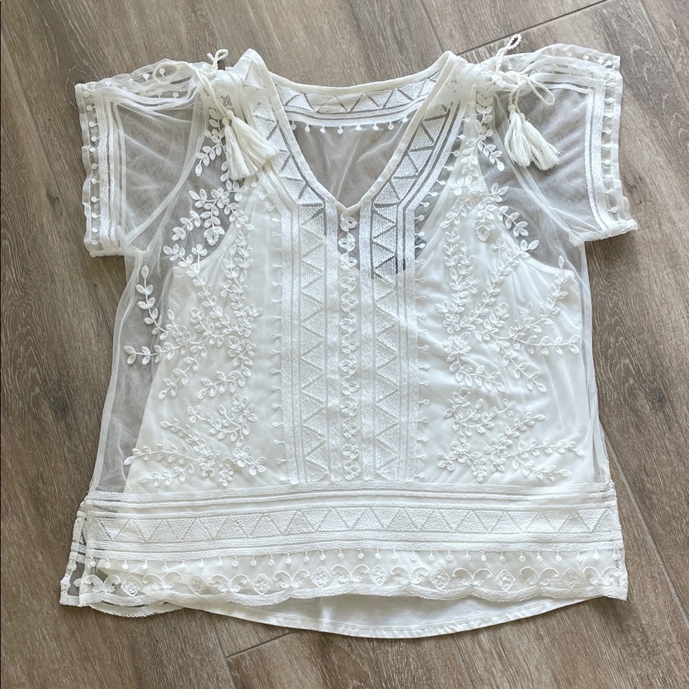 White House Black Market Embroidered Sheer White Blouse